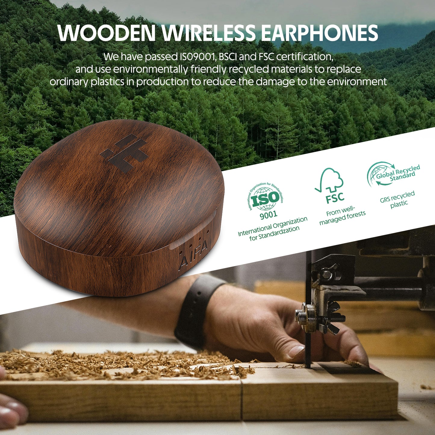 AIFA Wooden Wireless Earbuds, BT 5.3 Headphones Bass Stereo, 35 Hrs Playtime Ear Buds with Noise Cancelling Mic for Calls, Made of Environmentally Friendly Materials (WalnutWood)